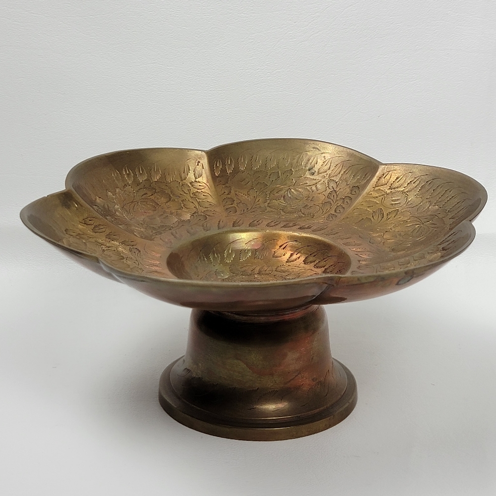Vintage MCM Brass Pedestal Bowl with Engraved Etched Leaves Ornate Design Boho